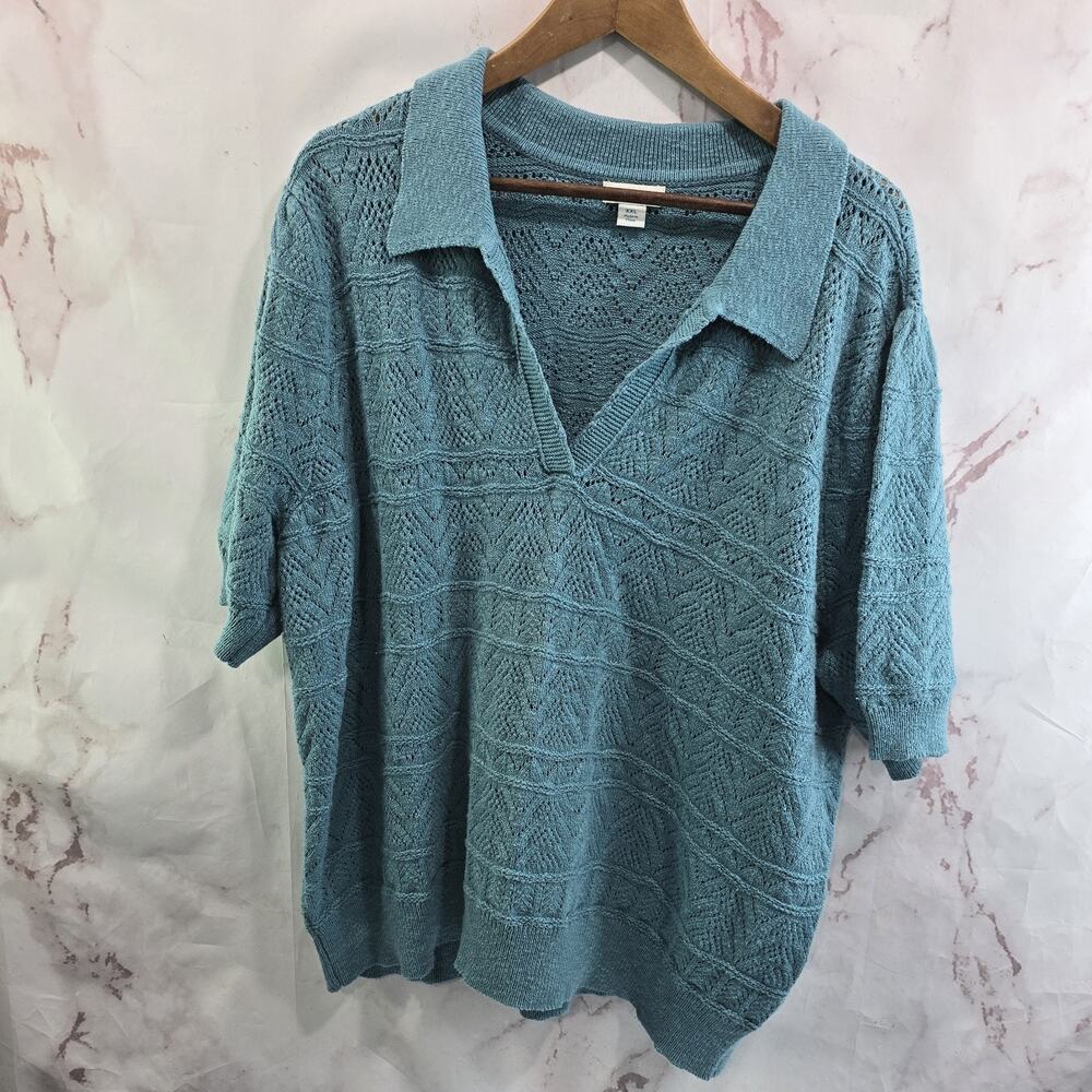 Sundance Sweater XXL 2XL Turquoise Polo V Neck Roslyn Pointelle